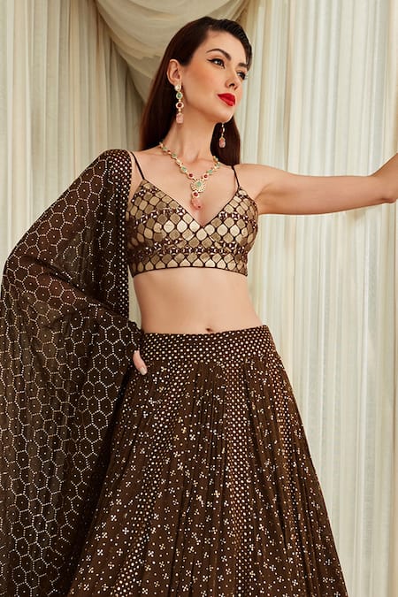 Sawan Gandhi Gold Georgette Plunge V Neck Badla Work Bridal Lehenga Set Online at Aza Fashions Sawan Gandhi_Gold Georgette Plunge V Neck Badla Work Bridal Lehenga Set_Online_at_Aza_Fashions