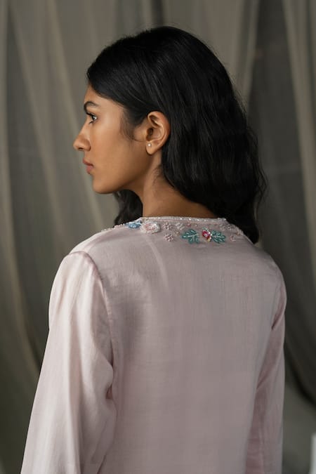 Shop_Zoon_Pink , Cotton, Organza Sequins, Chanderi Embellished Kurta Palazzo Set _at_Aza_Fashions
