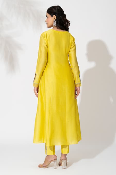 Shop_The Aarya_Yellow Chanderi, Viscose, Organza Embroidery V-neck Anarkali Set _at_Aza_Fashions
