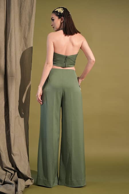 Shop_Nikita Mhaisalkar_Green Linen, Lurex Embroidery Halter Neck Embellished Crop Top And Pant Set _at_Aza_Fashions