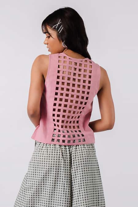 Shop Tussah By Siddhi Shah Pink Cotton Round Neck Crop Top at Aza Fashions Shop_Tussah By Siddhi Shah_Pink Cotton Round Neck Crop Top _at_Aza_Fashions