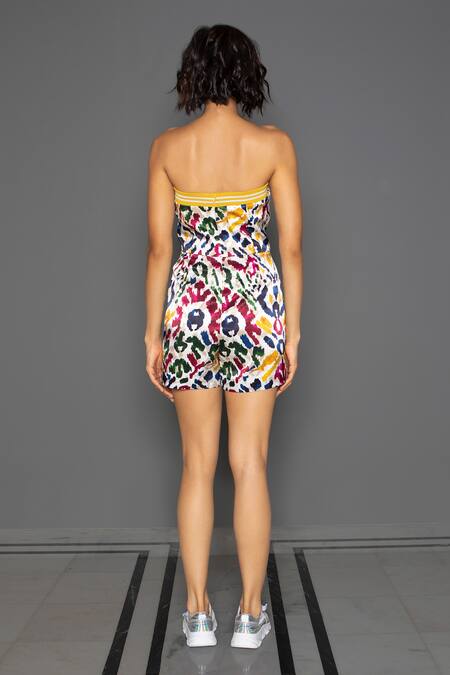 Shop Redefine White Mashru Silk Damask Straight Print Tube Playsuit at Aza Fashions Shop_Redefine_White Mashru Silk Damask Straight Print Tube Playsuit_at_Aza_Fashions