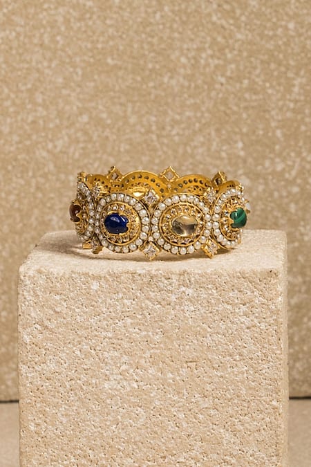 Shop_Tarun Tahiliani_Multi Color Fresh Water Pearls Cabochon Embellished Kada _at_Aza_Fashions