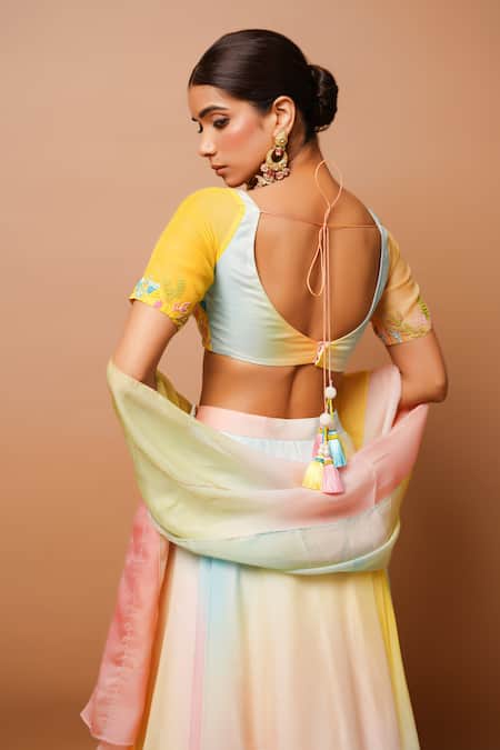 Shop Ahi Clothing Multi Color Organza, Cotton Embroidery, Tassels, Pastel Painted Lehenga Set at Aza Fashions Shop_Ahi Clothing_Multi Color Organza, Cotton Embroidery, Tassels, Pastel Painted Lehenga Set _at_Aza_Fashions