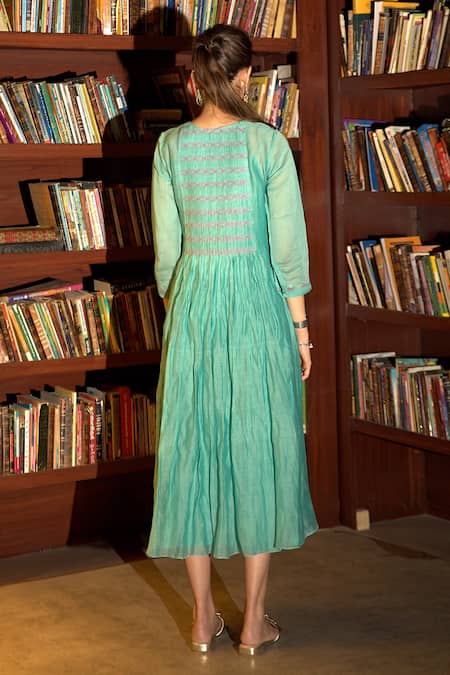 Shop Deep Thee Blue Chanderi Embroidery Round Neck Placket Dress at Aza Fashions Shop_Deep Thee_Blue Chanderi Embroidery Round Neck Placket Dress _at_Aza_Fashions