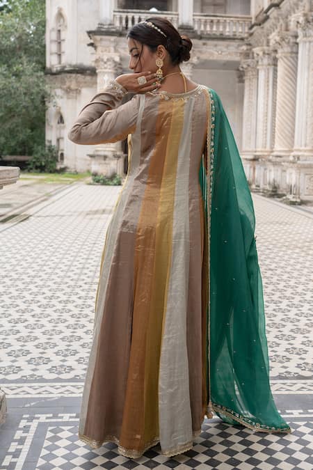 Shop Sheela Suthar Multi Color Silk, Chiffon Zari, Embroidery V-neck Panelled Anarkali With Dupatta at Aza Fashions Shop_Sheela Suthar_Multi Color Silk, Chiffon Zari, Embroidery V-neck Panelled Anarkali With Dupatta _at_Aza_Fashions