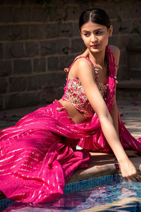 Soniya G Striped Pattern Pre-Draped Saree With Embroidered Blouse 