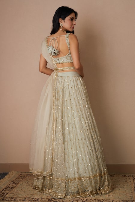 Shop Astha Narang Grey Organza Embroidery, Cut Work, Sequins Scoop Neck Bridal Lehenga Set at Aza Fashions Shop_Astha Narang_Grey Organza Embroidery, Cut Work, Sequins Scoop Neck Bridal Lehenga Set _at_Aza_Fashions