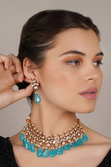 ChhavI'S Jewels_Blue Stones, Pearls, Diamonds Kundan Embellished Choker Necklace Set_Online_at_Aza_Fashions