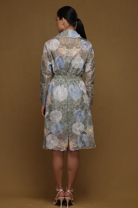 Shop Shriya Som Blue Organza Embroidery Collared Floral Thread Trench Coat at Aza Fashions Shop_Shriya Som_Blue Organza Embroidery Collared Floral Thread Trench Coat _at_Aza_Fashions