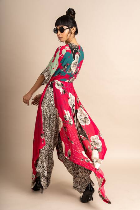 Shop_Nupur Kanoi_Magenta Crepe Digital Print Animal And Kaftan & Draped Stripe Pant Set  _at_Aza_Fashions