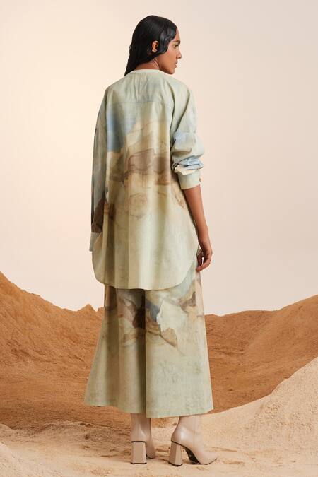 Shop Cord Beige Cotton, Twill Bandeau Neck Top Stitch Printed Tunic And Pant Set at Aza Fashions Shop_Cord_Beige Cotton, Twill Bandeau Neck Top Stitch Printed Tunic And Pant Set_at_Aza_Fashions