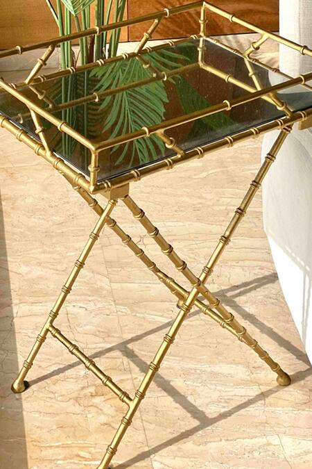 Shop_Mason Home_Gold Aluminium And Glass Medina Bamboo Butler Tray_at_Aza_Fashions
