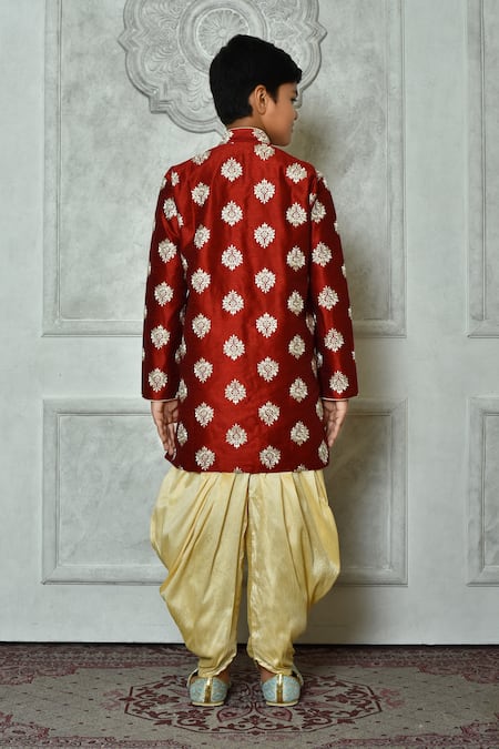 Shop Petite Pomme Red Silk Embroidery Flora Kurta And Patiala Pant Set at Aza Fashions Shop_Petite Pomme_Red Silk Embroidery Flora Kurta And Patiala Pant Set _at_Aza_Fashions