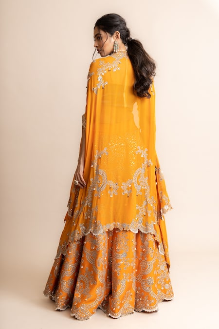 Shop_Nupur Kanoi_Orange Crepe, Satin, Georgette Mirrors, Sequins, Studs, Work Cape Lehenga Set _at_Aza_Fashions