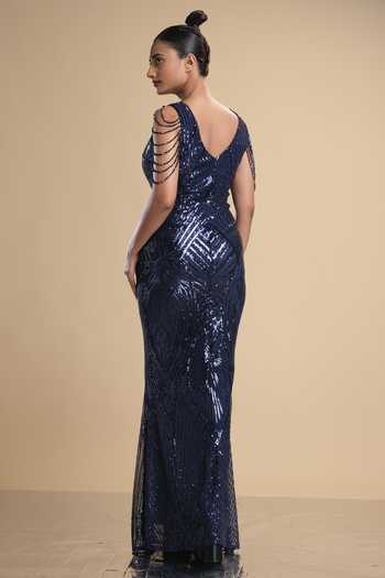 Shop Kommal Sood Blue Lycra, Net Sequins, Beads Plunge Neck Work Graphic Pattern Gown at Aza Fashions Shop_Kommal Sood_Blue Lycra, Net Sequins, Beads Plunge Neck Work Graphic Pattern Gown _at_Aza_Fashions