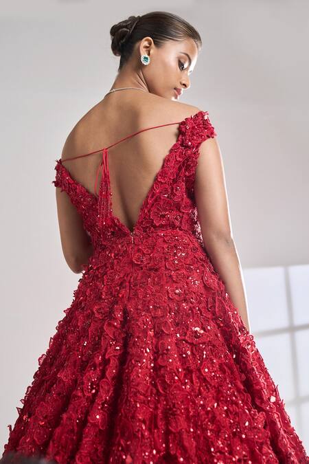 Shop Seema Gujral Red Net Sequins, Crystals, Beads Sweetheart Neck 3d Floral Embroidered Gown at Aza Fashions Shop_Seema Gujral_Red Net Sequins, Crystals, Beads Sweetheart Neck 3d Floral Embroidered Gown_at_Aza_Fashions