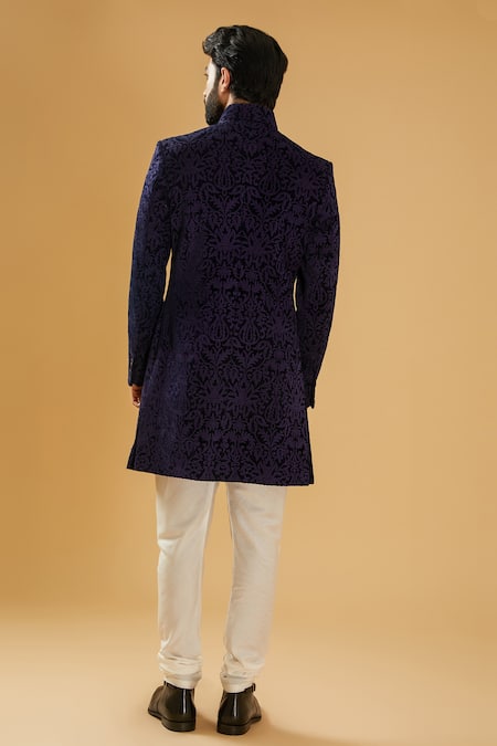 Shop_Raghavendra Rathore Blue_Blue Velvet Embroidery Floral Achkan _at_Aza_Fashions
