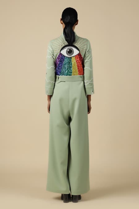 Shahin Mannan Cloud & Rainbow Embroidered Jumpsuit With Belt 