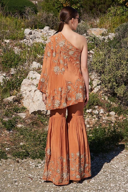 Shop Shruti Sancheti Brown Crepe Sequins, Embroidery Hand Cape And Sharara Set at Aza Fashions Shop_Shruti Sancheti_Brown Crepe Sequins, Embroidery Hand Cape And Sharara Set _at_Aza_Fashions