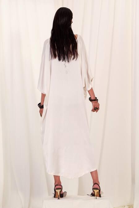 Shop_AK-OK_White Silk Printed Typographic V Neck Kaftan Dress  _at_Aza_Fashions