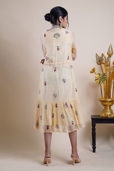 Shop Bhusattva Cream Shrug Organic Sheer Cotton Silk Embroidery Floral Dress With at Aza Fashions Shop_Bhusattva_Cream Shrug Organic Sheer Cotton Silk Embroidery Floral Dress With _at_Aza_Fashions