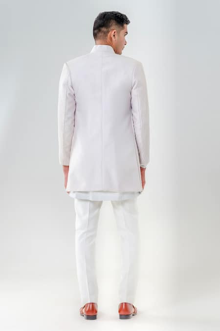 Shop Amrit Dawani Grey Cotton, Silk, Lycra Embroidery Pintuck Detail Jacket Kurta Set at Aza Fashions Shop_Amrit Dawani_Grey Cotton, Silk, Lycra Embroidery Pintuck Detail Jacket Kurta Set _at_Aza_Fashions