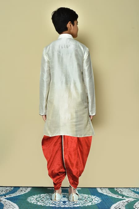 Shop Petite Pomme Cream Silk Plain Kurta And Red Dhoti Pant Set at Aza Fashions Shop_Petite Pomme_Cream Silk Plain Kurta And Red Dhoti Pant Set _at_Aza_Fashions