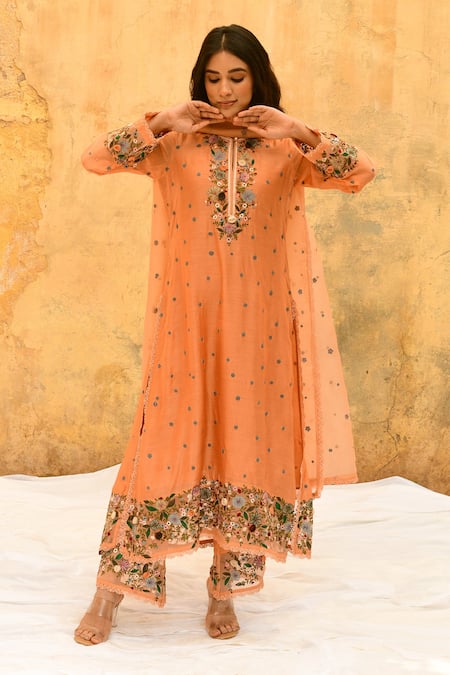 Shop_Label Niti Bothra_Peach Silk, Handloom Cotton Embroidery, Lace Round Rosette And Flower Kurta Set _at_Aza_Fashions