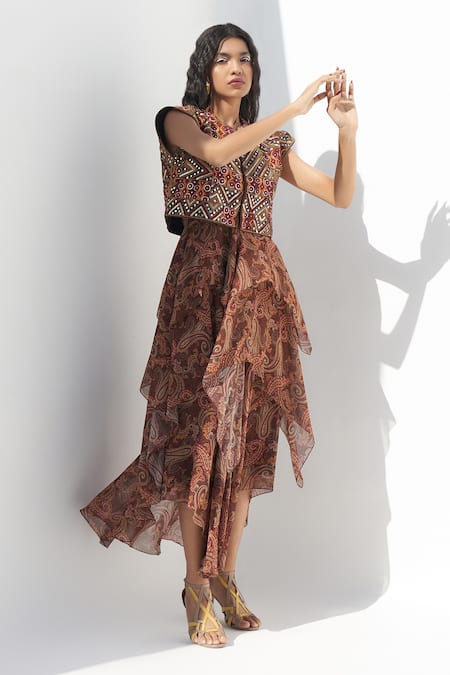 Shop Nadima Saqib Brown Silk Mirrors, Embroidery V-neck And Abla Jacket at Aza Fashions Shop_Nadima Saqib_Brown Silk Mirrors, Embroidery V-neck And Abla Jacket _at_Aza_Fashions