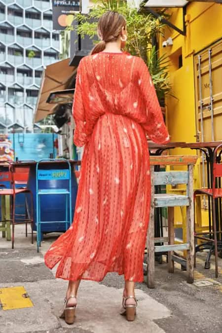 Shop Style Junkiie Red Embroidery Bandhani Kimono Duster Jacket at Aza Fashions Shop_Style Junkiie_Red Embroidery Bandhani Kimono Duster Jacket _at_Aza_Fashions