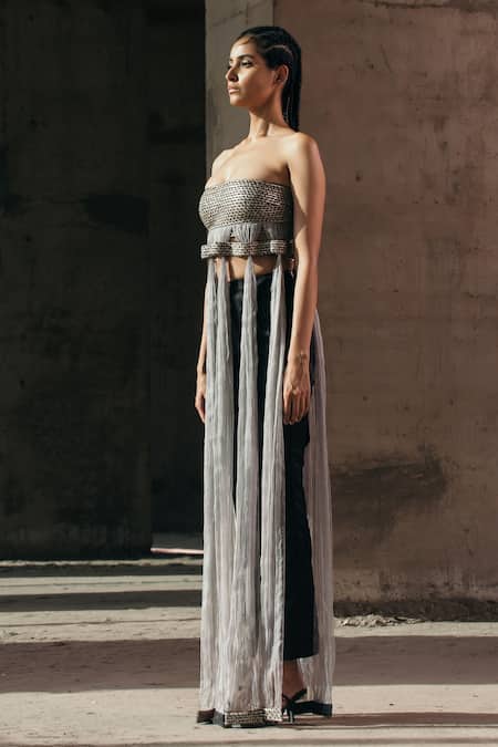 Shop Akhl Gold Silk, Viscose Metallic Thread Bandeau Neck Fall Panelled Bustier at Aza Fashions Shop_Akhl_Gold Silk, Viscose Metallic Thread Bandeau Neck Fall Panelled Bustier _at_Aza_Fashions