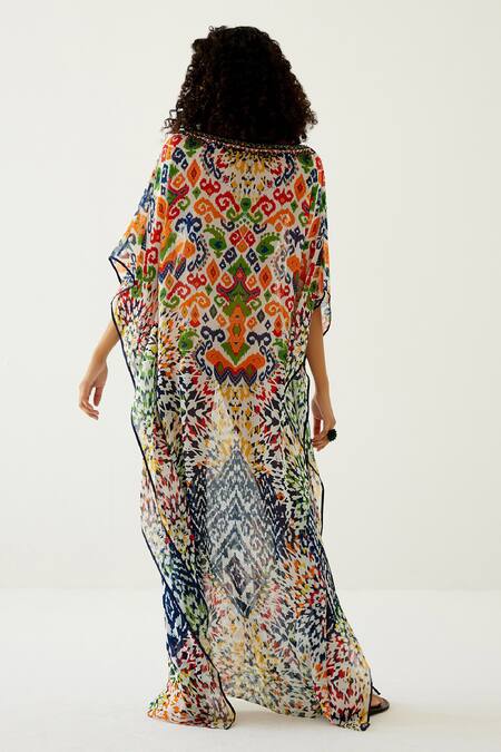 Shop Payal Jain Multi Color Georgette Abstract Pattern Round Neck Long Kaftan at Aza Fashions Shop_Payal Jain_Multi Color Georgette Abstract Pattern Round Neck Long Kaftan_at_Aza_Fashions