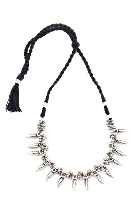 Shop Sangeeta Boochra Silver Plated Glass Stones Sharia Choker Necklace at Aza Fashions Shop_Sangeeta Boochra_Silver Plated Glass Stones Sharia Choker Necklace_at_Aza_Fashions