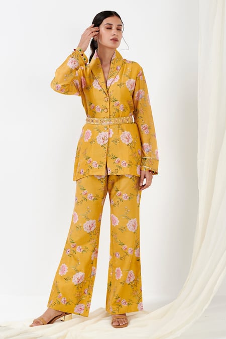 Shop_Label Flamingo By Vrinda_Yellow Cotton, Silk Pearls Phool Print Blazer With Pant _at_Aza_Fashions