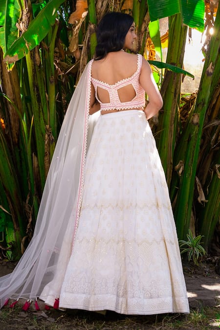 Shop Suruchi Parakh White Georgette, Net Embroidery, Tassels V-neck Thread Blouse Lehenga Set at Aza Fashions Shop_Suruchi Parakh_White Georgette, Net Embroidery, Tassels V-neck Thread Blouse Lehenga Set _at_Aza_Fashions
