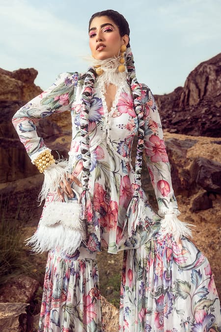 Shop Akanksha Mago Multi Color Georgette Embroidery V-neck Printed Peplum Top And Gharara Set at Aza Fashions Shop_Akanksha Mago_Multi Color Georgette Embroidery V-neck Printed Peplum Top And Gharara Set _at_Aza_Fashions