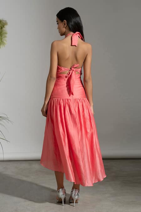 Shop Amrta By Guneet Kondal Coral Cotton, Silk, Viscose Halter Neck Gathered Midi Dress at Aza Fashions Shop_Amrta By Guneet Kondal_Coral Cotton, Silk, Viscose Halter Neck Gathered Midi Dress_at_Aza_Fashions