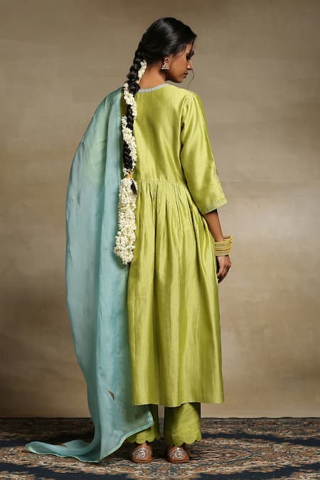 Shop_Weaver Story_Green Anarkali Lining Cotton, Dupatta Organza, Handwoven Yoke Embroidered Set _at_Aza_Fashions