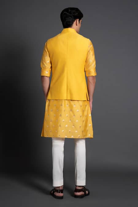 Shop Raghavendra Rathore Jodhpur Yellow Silk Embroidery Kantha Waistcoat at Aza Fashions Shop_Raghavendra Rathore Jodhpur_Yellow Silk Embroidery Kantha Waistcoat _at_Aza_Fashions