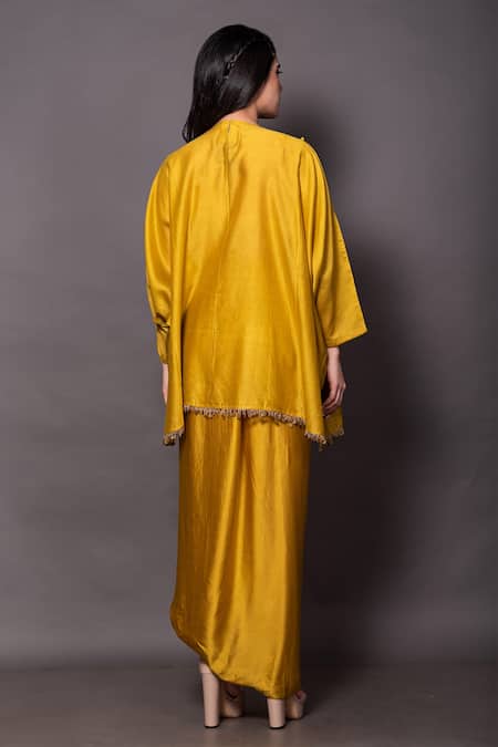 Shop_Vara By Vibha N Priti_Yellow Satin, Silk Sequins, Zari, Pearls Embroidered Tunic And Draped Skirt Set _at_Aza_Fashions