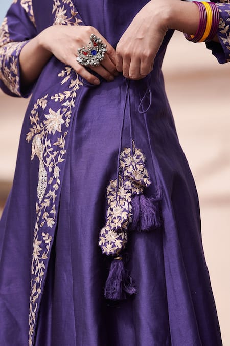 Shop Pink City By Sarika Purple Silk Zari, Sequins V-neck Mor Embroidered Angrakha With Sharara at Aza Fashions Shop_Pink City By Sarika_Purple Silk Zari, Sequins V-neck Mor Embroidered Angrakha With Sharara _at_Aza_Fashions