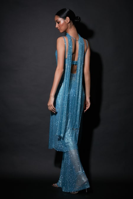 Shop_Itrh_Blue Net Crystals Scoop , Plunge Retro Bella Embellished Tunic Pant Set _at_Aza_Fashions