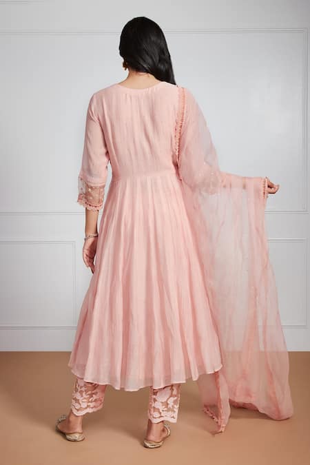 Shop_Label Mansi Nagdev_Peach Malai Chanderi Embroidery Mukaish V Neck Nazam Anarkali Set _at_Aza_Fashions