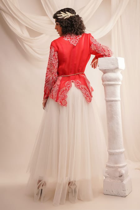 Shop Jajaabor Coral Silk Organza Embroidery Athena Cowl Neck Jacket at Aza Fashions Shop_Jajaabor_Coral Silk Organza Embroidery Athena Cowl Neck Jacket _at_Aza_Fashions