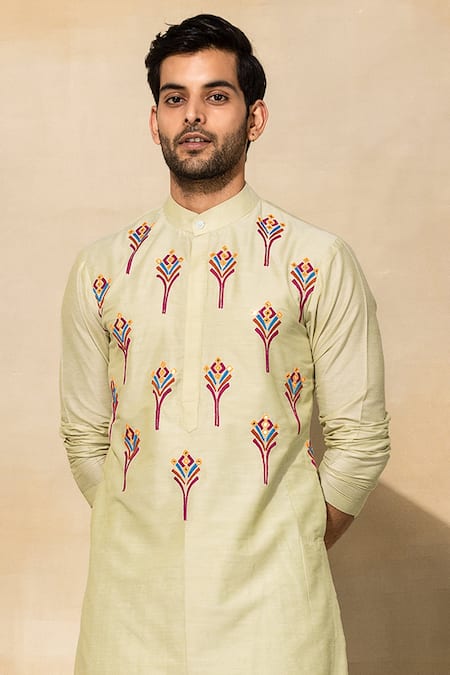 Shop Diyarajvvir Green , Satin Embroidery Acrylic And Thread Kurta Set at Aza Fashions Shop_Diyarajvvir_Green , Satin Embroidery Acrylic And Thread Kurta Set _at_Aza_Fashions