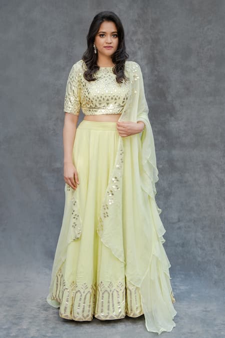 Shop_Sunita Bhandari_Green Viscose, Organza Gota Patti, Embroidery Boat Neck Placement Lehenga Set _at_Aza_Fashions