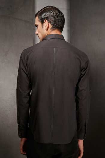 Shop Rohit Gandhi + Rahul Khanna Black Cotton Applique, Metallic Thread And Embellished Shirt at Aza Fashions Shop_Rohit Gandhi + Rahul Khanna_Black Cotton Applique, Metallic Thread And Embellished Shirt _at_Aza_Fashions