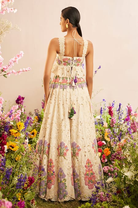 Shop Chandrima Ivory Chanderi Beads, Sequins Square Neck Embroidered Peplum Bustier at Aza Fashions Shop_Chandrima_Ivory Chanderi Beads, Sequins Square Neck Embroidered Peplum Bustier _at_Aza_Fashions