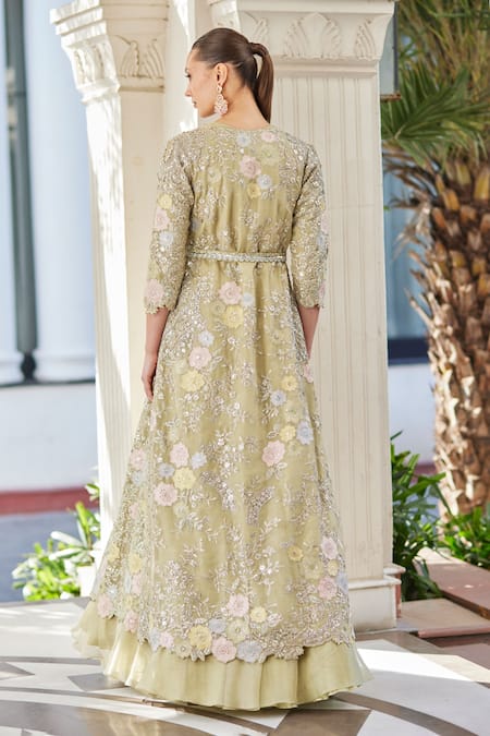 Shop Osaa By Adarsh Green Tissue Embroidery, Zari V-, Open Jacket Lehenga Set at Aza Fashions Shop_Osaa By Adarsh_Green Tissue Embroidery, Zari V-, Open Jacket Lehenga Set _at_Aza_Fashions